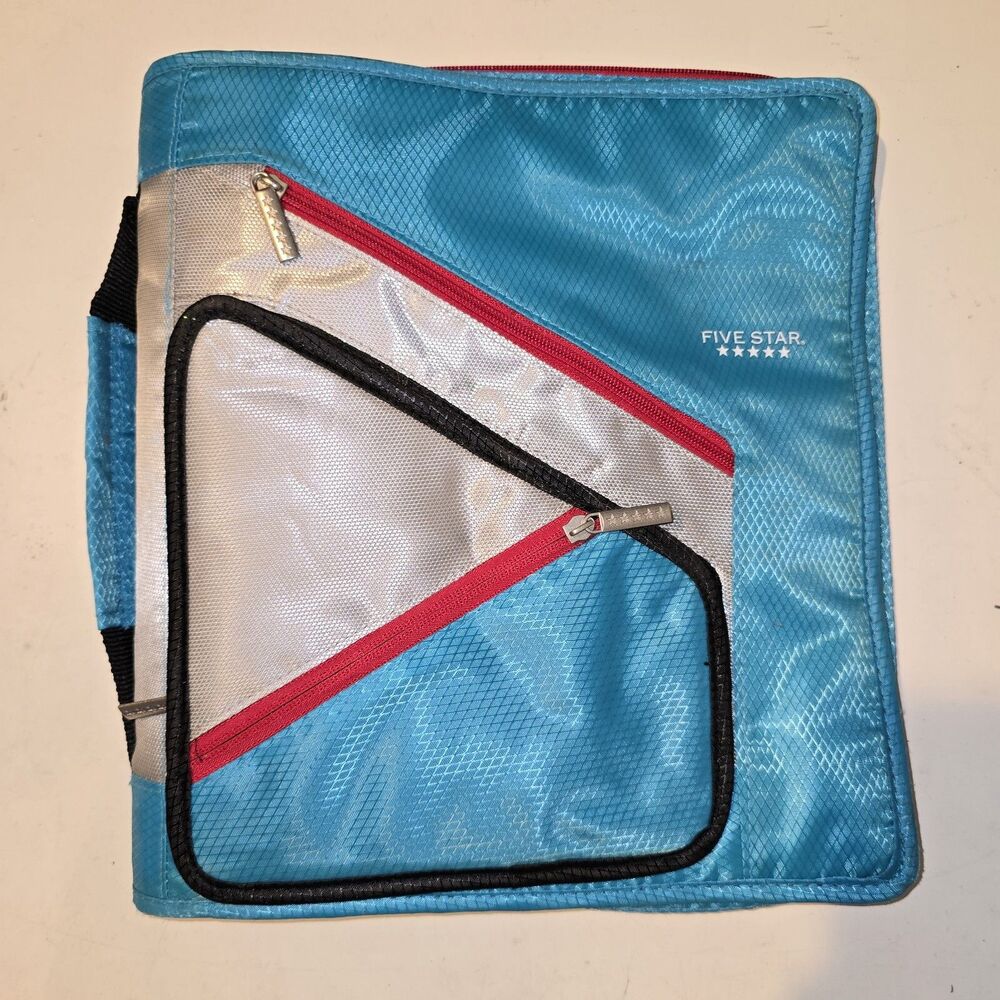 Five Star Zip Binder Three Ring Zipper Pouches Blue Red Handle Vintage Style